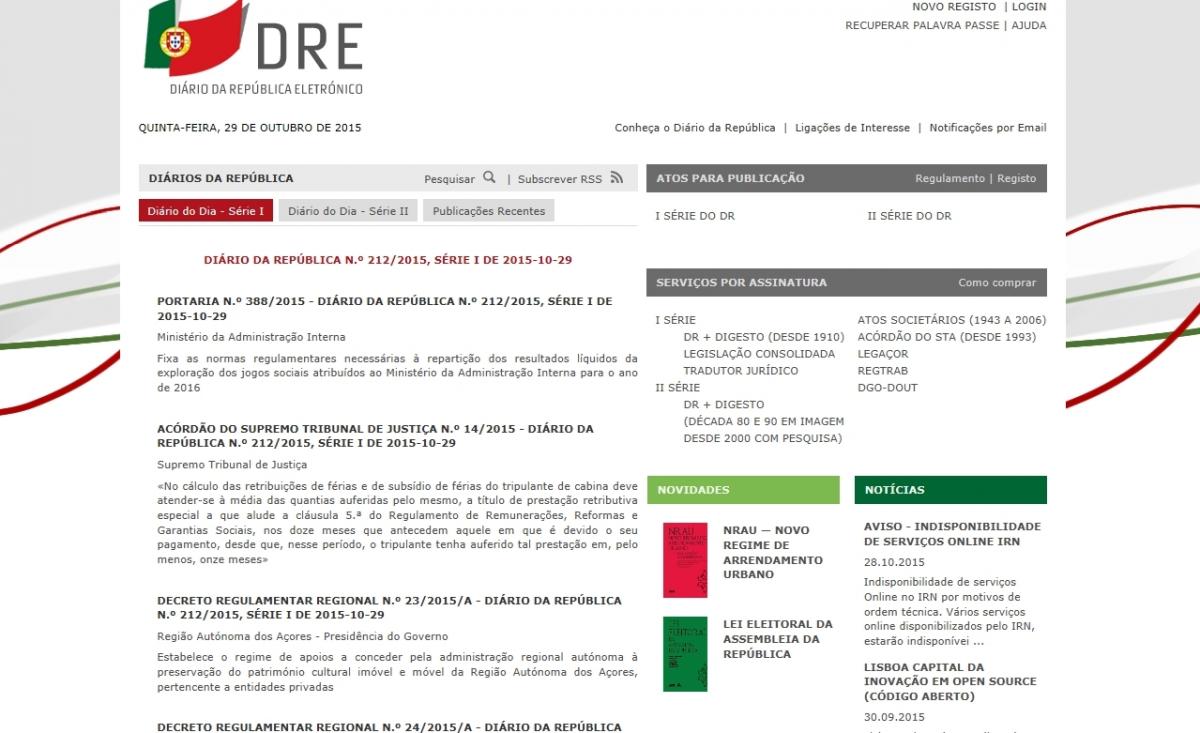 Página inicial do sítio do Diário da República Eletrónico 